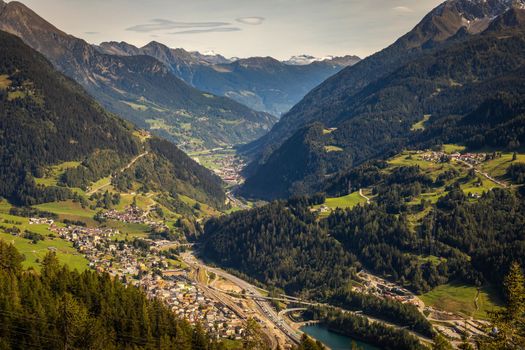St. Gotthard mountain pass, dramatic road with swiss alps at sunny day, Switzerland