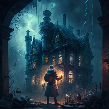 A man walking to a mysterious old castle on a stormy night. High quality illustration