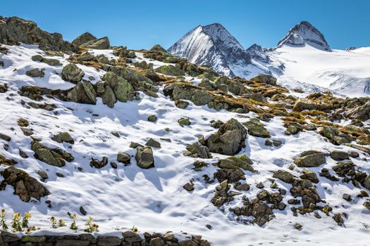 Dramatic snowcapped Bernese swiss alps seen from Nufenen Pass, Switzerland