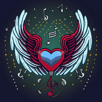 Cartoon graphic drawing of a singing heart with wings