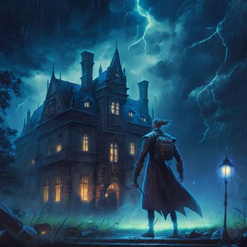 A man walking to a mysterious old castle on a stormy night. High quality illustration