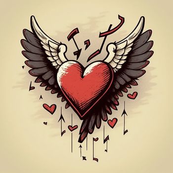 Cartoon graphic drawing of a singing heart with wings