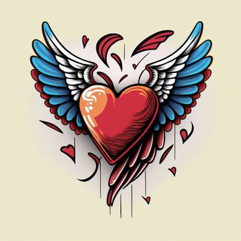 Cartoon graphic drawing of a singing heart with wings