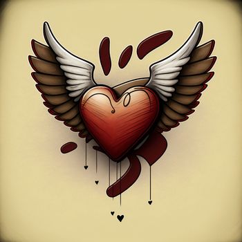 Cartoon graphic drawing of a singing heart with wings