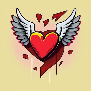 Cartoon graphic drawing of a singing heart with wings