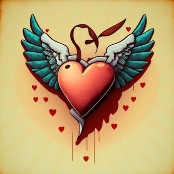 Cartoon graphic drawing of a singing heart with wings