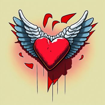 Cartoon graphic drawing of a singing heart with wings