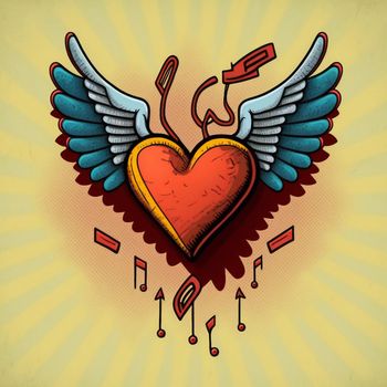 Cartoon graphic drawing of a singing heart with wings