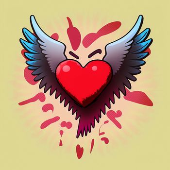 Cartoon graphic drawing of a singing heart with wings