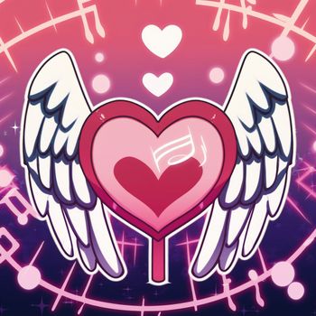 Cartoon graphic drawing of a singing heart with wings