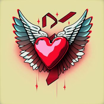 Cartoon graphic drawing of a singing heart with wings