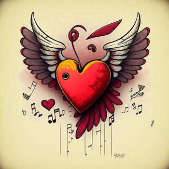 Cartoon graphic drawing of a singing heart with wings