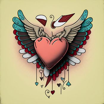 Cartoon graphic drawing of a singing heart with wings