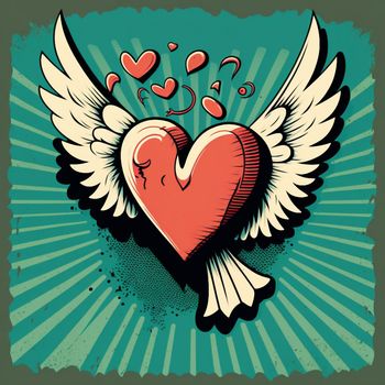 Cartoon graphic drawing of a singing heart with wings