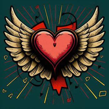 Cartoon graphic drawing of a singing heart with wings