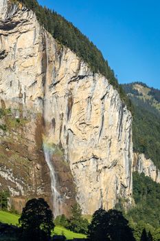 Staubbach Falls in Lauterbrunnen, Bernese Oberland region of Switzerland, Swiss alps