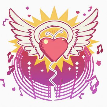 Cartoon graphic drawing of a singing heart with wings