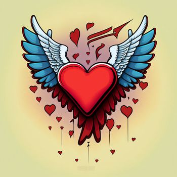 Cartoon graphic drawing of a singing heart with wings