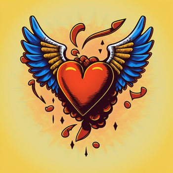 Cartoon graphic drawing of a singing heart with wings