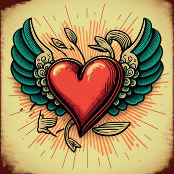 Cartoon graphic drawing of a singing heart with wings