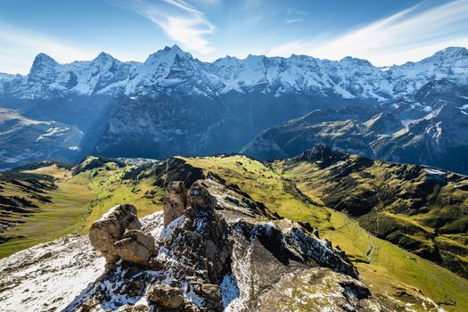 Top of the Schilthorn and view of Snowcapped Bernese Swiss alps, panorama of Eiger, Monch and Jungfrau, Switzerland