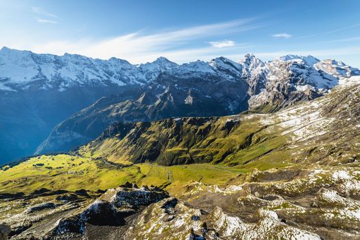 Top of the Schilthorn and view of Snowcapped Bernese Swiss alps, panorama of Eiger, Monch and Jungfrau, Switzerland