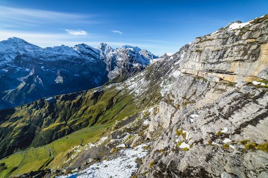 Top of the Schilthorn and view of Snowcapped Bernese Swiss alps, panorama of Eiger, Monch and Jungfrau, Switzerland