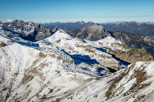 Top of the Schilthorn and view of Snowcapped Bernese Swiss alps, panorama of Eiger, Monch and Jungfrau, Switzerland