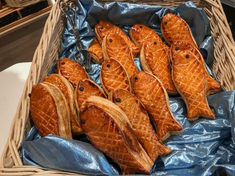 Fish from puff pastry in the store on April Fool's Day