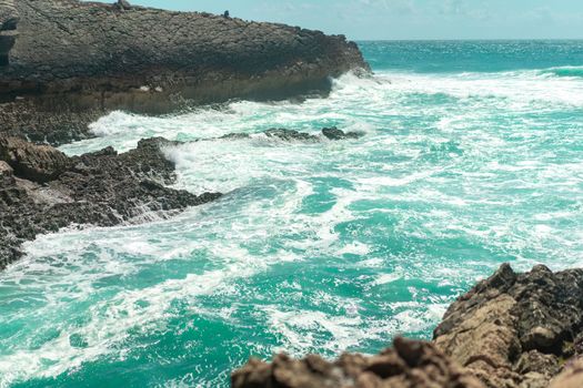 Atlantic ocean. Stormy summer day Big sea wave on rocky beach. Beaty in nature. Dramatic sea view. Sintra portugal