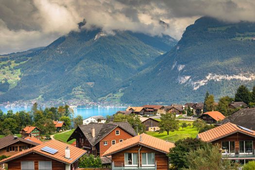 Aerial view of interlaken city in Bernese Oberland, Swiss alps