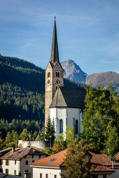 Idyllic landscape of Scuol village at sunset, Engadine, Swiss Alps, Switzerland