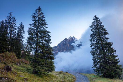 Panoramic view of Dramatic landscape, swiss alps in upper Engadine, Graubunden, Switzerland