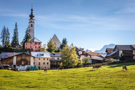 Idyllic landscape of Ftan village at sunset, Engadine, Swiss Alps, Switzerland