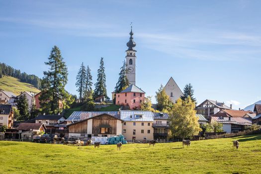 Idyllic landscape of Ftan village at sunset, Engadine, Swiss Alps, Switzerland