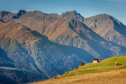 Panoramic view of Dramatic landscape, swiss alps in upper Engadine, Graubunden, Switzerland