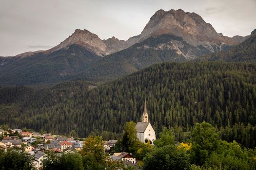 Idyllic landscape of Scuol village at sunset, Engadine, Swiss Alps, Switzerland