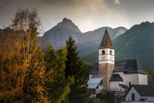 Idyllic landscape of Scuol Tarasp village at sunrise, Engadine, Swiss Alps, Switzerland
