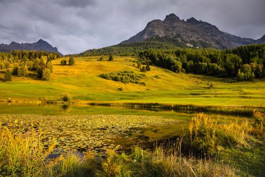 Panoramic view of Dramatic landscape, swiss alps in upper Engadine, Graubunden, Switzerland
