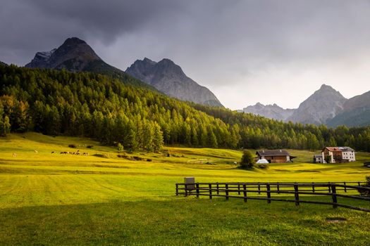 Panoramic view of Dramatic landscape, swiss alps in upper Engadine, Graubunden, Switzerland