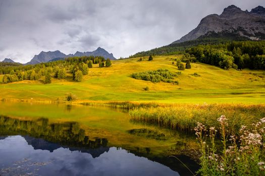 Panoramic view of Dramatic landscape, swiss alps in upper Engadine, Graubunden, Switzerland