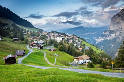 View of Snowcapped Bernese Swiss alps and Murren village, Switzerland