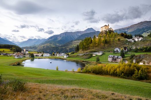 Idyllic landscape of Scuol Tarasp village at sunrise, Engadine, Swiss Alps, Switzerland
