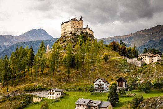 Idyllic landscape of Scuol Tarasp village at sunrise, Engadine, Swiss Alps, Switzerland