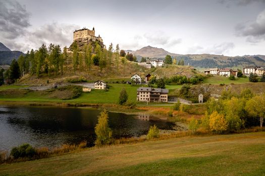 Idyllic landscape of Scuol Tarasp village at sunrise, Engadine, Swiss Alps, Switzerland