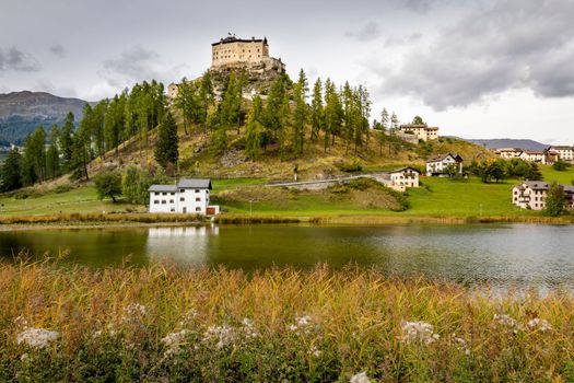 Idyllic landscape of Scuol Tarasp village at sunrise, Engadine, Swiss Alps, Switzerland