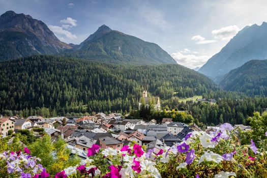Idyllic landscape of Scuol village at sunset, Engadine, Swiss Alps, Switzerland