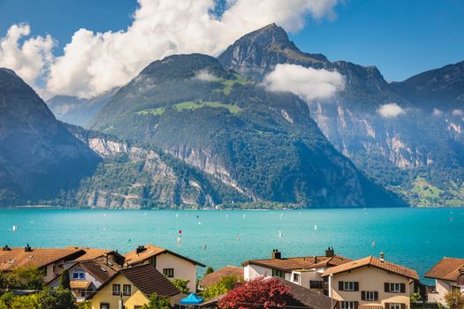 Aerial view of interlaken city in Bernese Oberland, Swiss alps