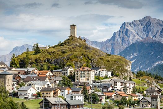 Idyllic landscape of Ardez village at sunrise, Engadine, Swiss Alps, Switzerland