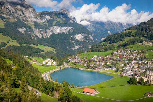 Idyllic landscape of Engelberg village at sunrise, Obwalden, Swiss Alps, Switzerland
